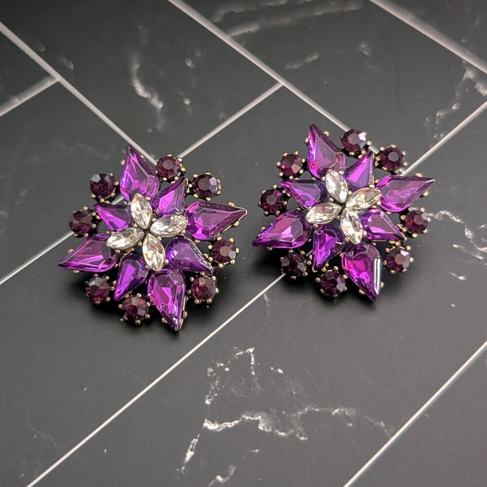 Vintage Stud Earrings 1.25" Purple & Clear Gems Regal Large Statement